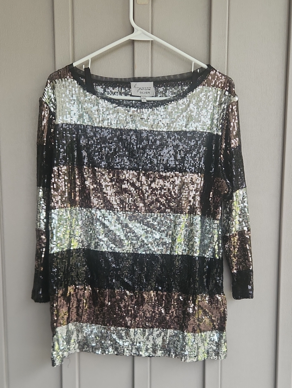 Lynn Ritchie Multi Pattern Top Blouse Size L Black, Brown,Silver
